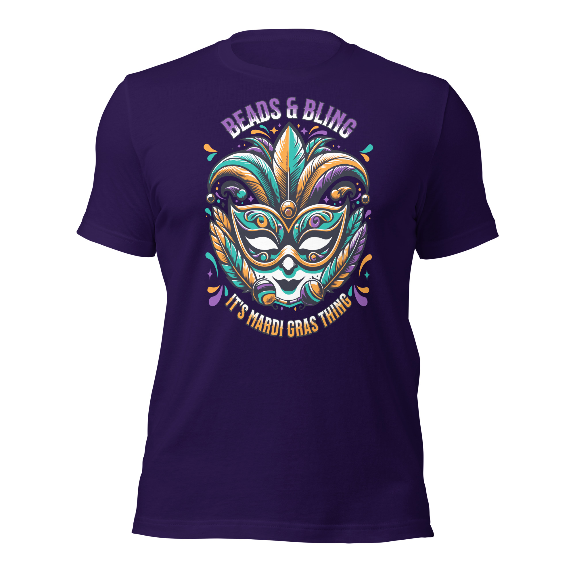 Big Mask Mardi Gras t-shirt with colorful carnival design