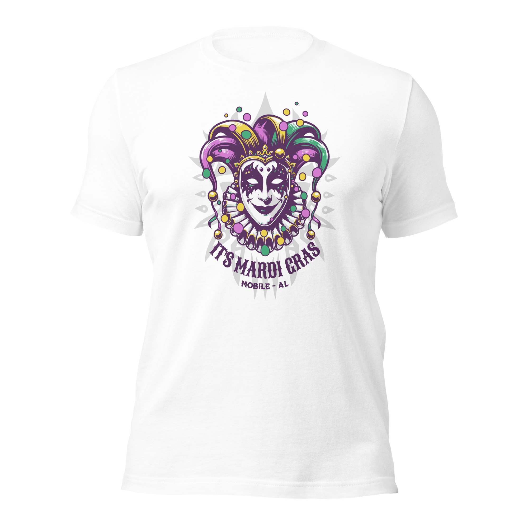 Big Mask Mardi Gras t-shirt with colorful carnival design