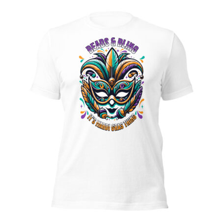 Big Mask Mardi Gras t-shirt with colorful carnival design